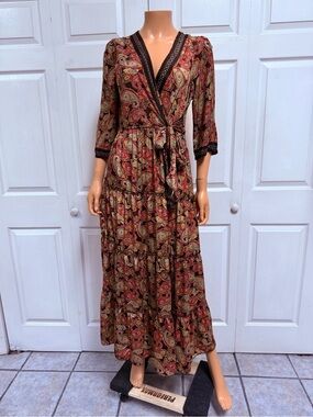 Anthropologie Me 2 Magic Boho Paisley Wrap Maxi Tiered Dress Size L 3/4 Sleeves